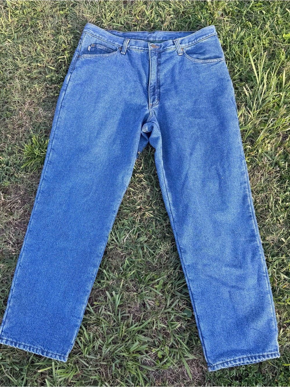 LL Bean Mens Fleece Lined Jeans 38x30 Classic Fit Blue Denim Green Lining 0AJ81